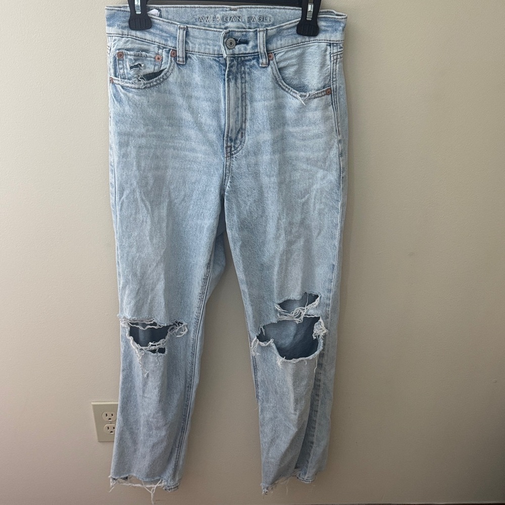 AE light wash super high rise baggy straight leg jean